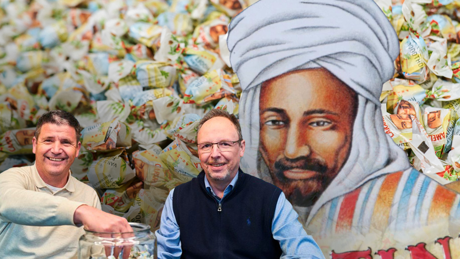 Patrick Stoops (rechts, Roodthooft/Astra Sweets) en Ronald Luyckx (links, Astra Sweets) poseren voor een achtergrond met Mokatine-wikkels en de grote afbeelding van het 'Arabierke', met een glazen pot Mokatines op de voorgrond.