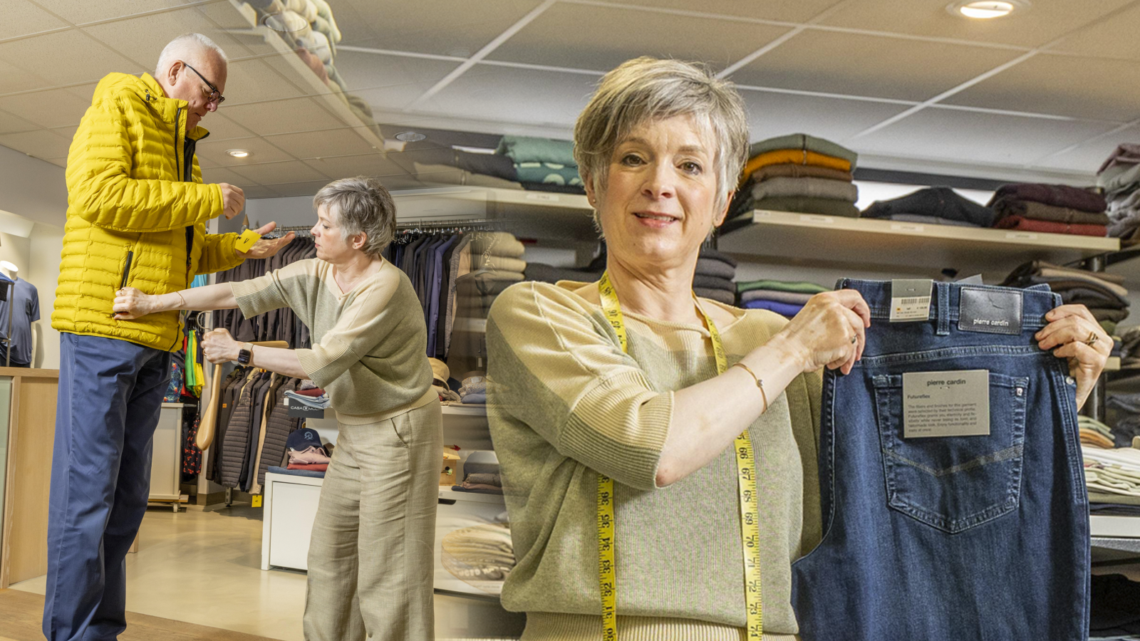 Greet met een van de vele extra lange broeken die ze verkoopt in haar winkel Big & Tall.