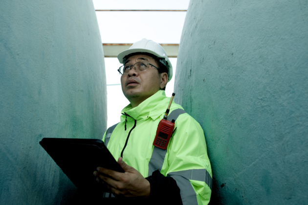 The chief industrial engineer wearing a reflective green safety jacket is using a digital tablet and walkie-talkie to communicate with his team. They are rechecking the liquid flow system in huge water tanks at the side of the factory.