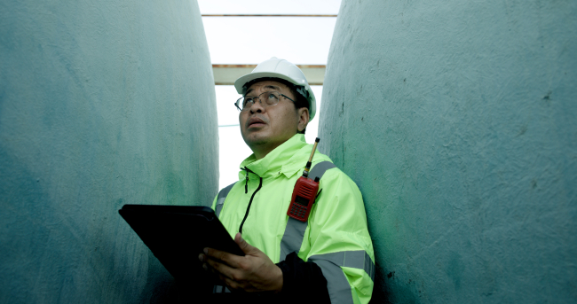 The chief industrial engineer wearing a reflective green safety jacket is using a digital tablet and walkie-talkie to communicate with his team. They are rechecking the liquid flow system in huge water tanks at the side of the factory.