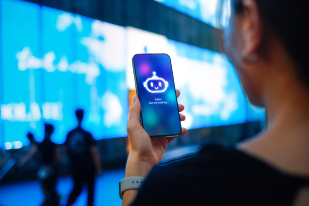 Asian woman standing against illuminated digital display on the street in city, speaking to virtual assistant, chatting AI chatbot app on smartphone. Concept of VR and AR technologies. Metaverse and futuristic data. People, AI, innovation and technology
