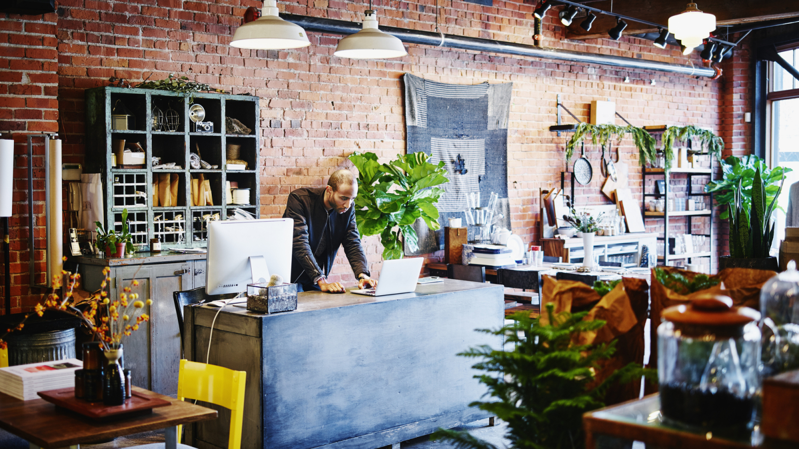 Shop owner at counter working on laptop