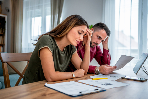 Worried young couple manages home finances