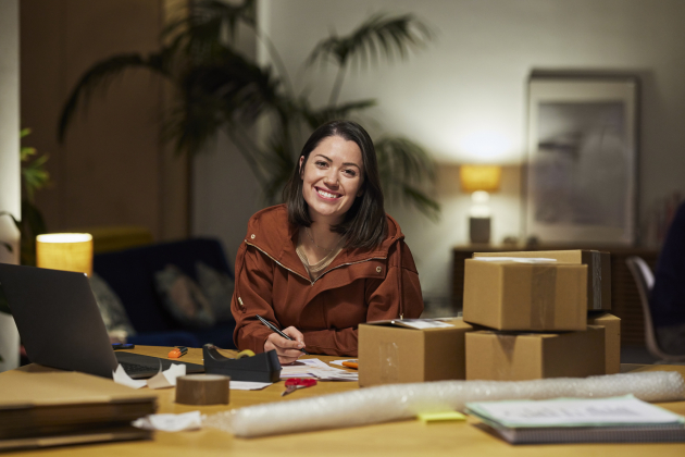 Happy Beautiful Businesswoman Working Late Night