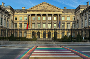Belgian Federal Parliament And Rainbow Pedestrian Crossing In Brussels