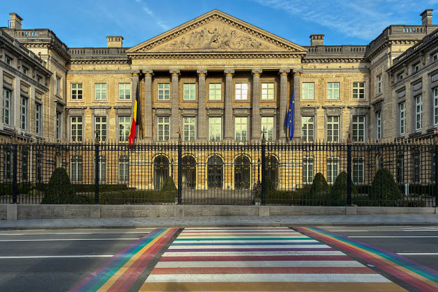 Belgian Federal Parliament And Rainbow Pedestrian Crossing In Brussels
