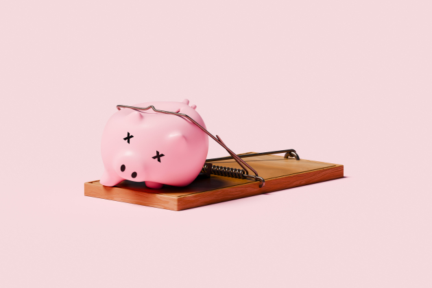 Piggy Bank with X Eyes Trapped in Mousetrap Symbolizing Financial Loss and Economic Risk