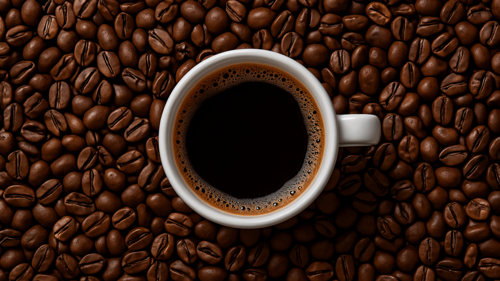 White cup of black coffee on coffee beans background, top view