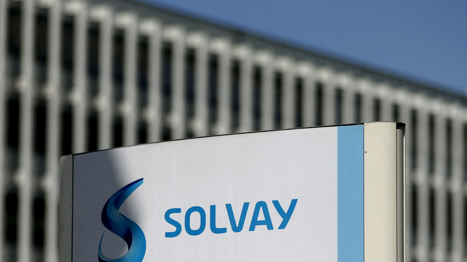 FILE PHOTO: The logo of Belgian chemical group Solvay is seen at its headquarters in Brussels