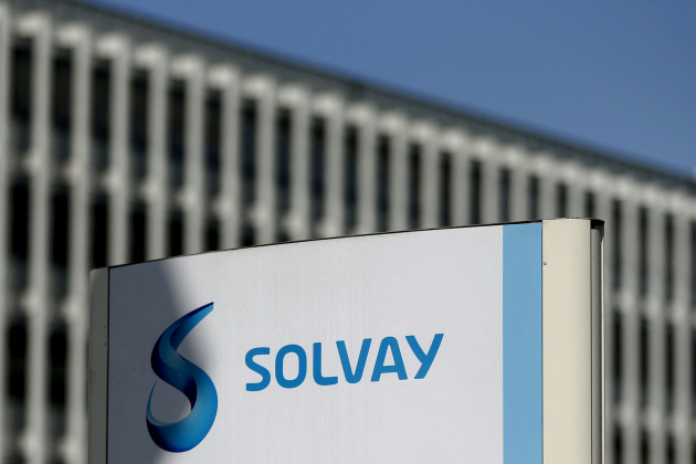 FILE PHOTO: The logo of Belgian chemical group Solvay is seen at its headquarters in Brussels