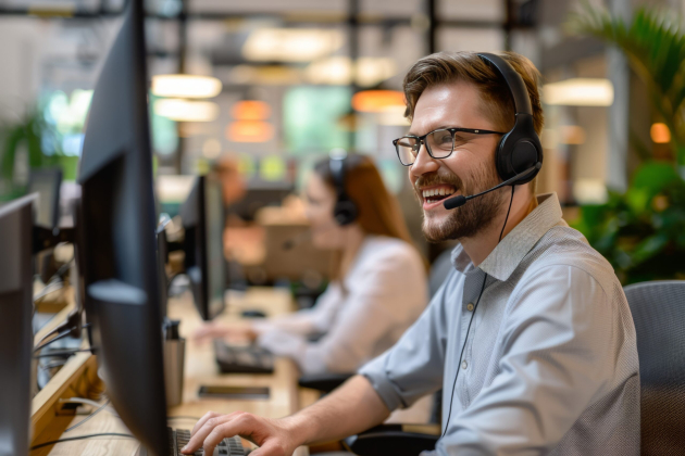 Consulting corporate clients in conversation with customers using computers. Service desk consultant talking in a call center