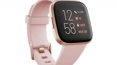 Product render of Fitbit Versa 2, 3QTR view, in Petal and Copper Rose.